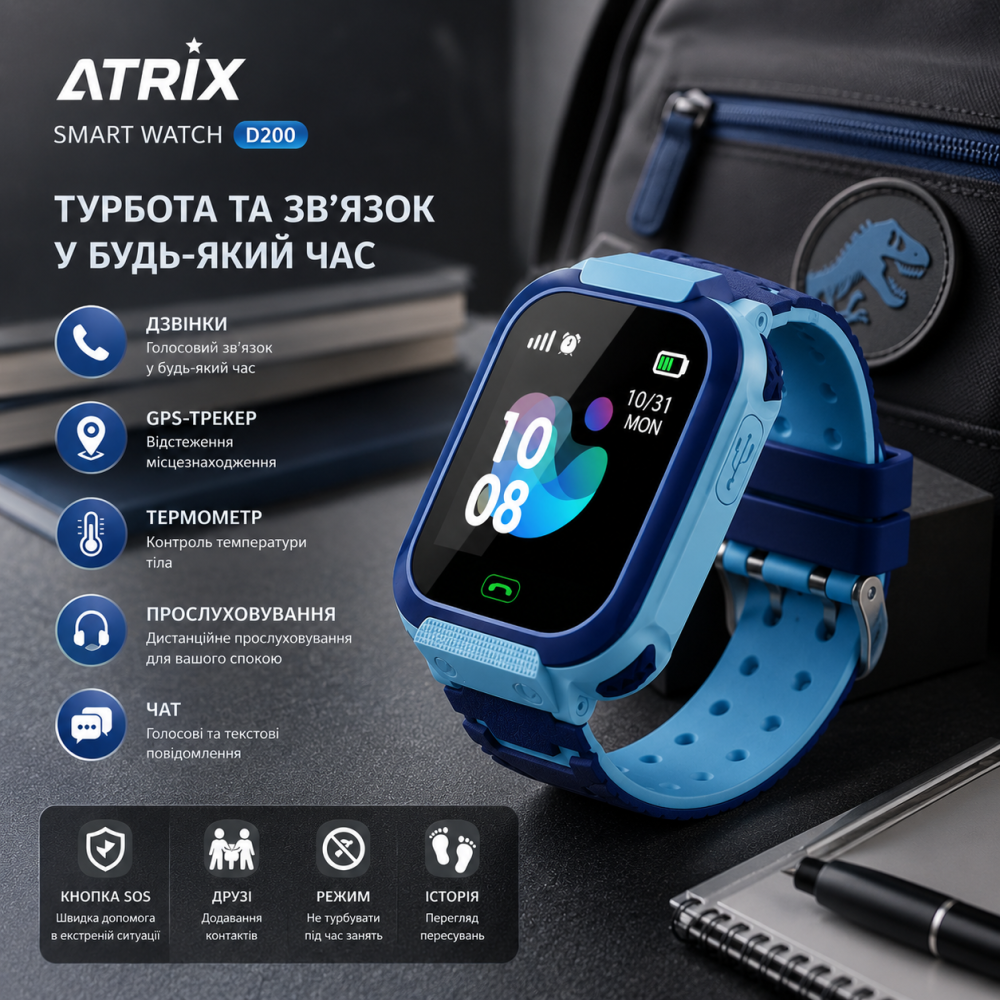 Детские смарт-часы Atrix Smart Watch D200 с термометром, GPS-трекером и функцией прослушки Blue Киев - изображение 1