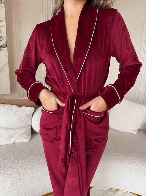 Жіноча затишна піжама: халат-кімоно, штани + пов'язка на голову велюр Бургунді, 42/44 Одеса - фото 9