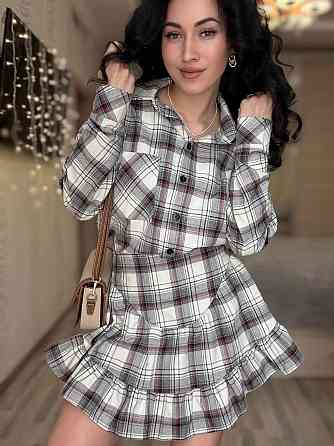 Жіночий стильний костюм-двійка: сорочка та спідниця в клітинку бавовна тіар Сірий, 46/48 Одеса