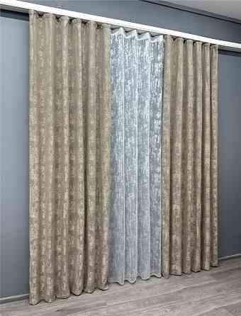 Комплект штор VR-Textil Жаккард Мрамор 150х270 2шт и Тюль 600х270 1208ш-1400т Бежево-серый с белым 71-006/5 Киев
