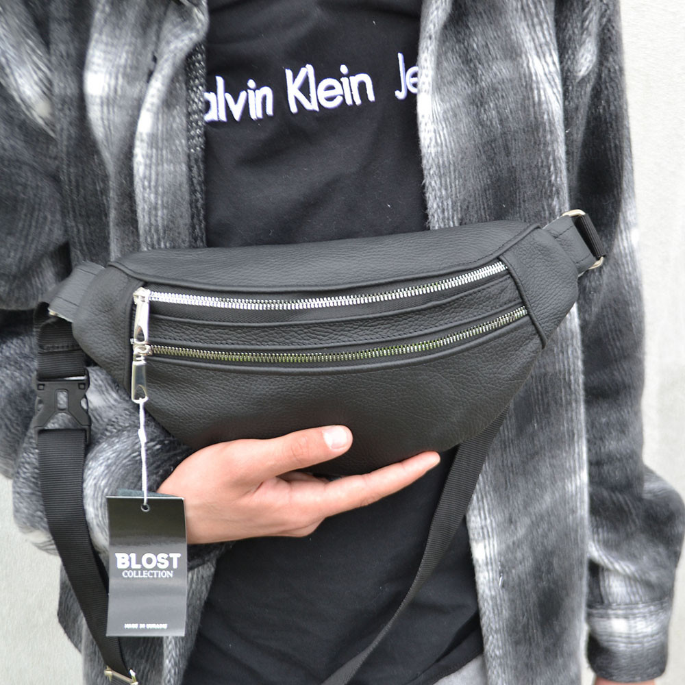 Стильна сумка бананка чоловіча шкіряна чорна Поясна нагрудна сумка натуральна шкіра Київ - фото 5