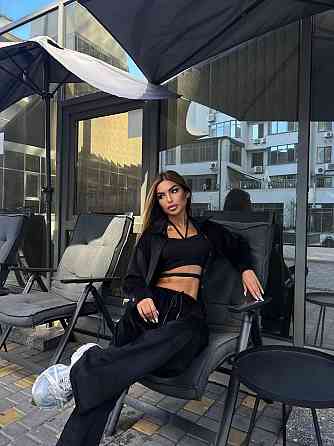 Женский прогулочный костюм двойка: рубашка + штаны палаццо турецкий велюр спорт Черный, 42/44 Одесса