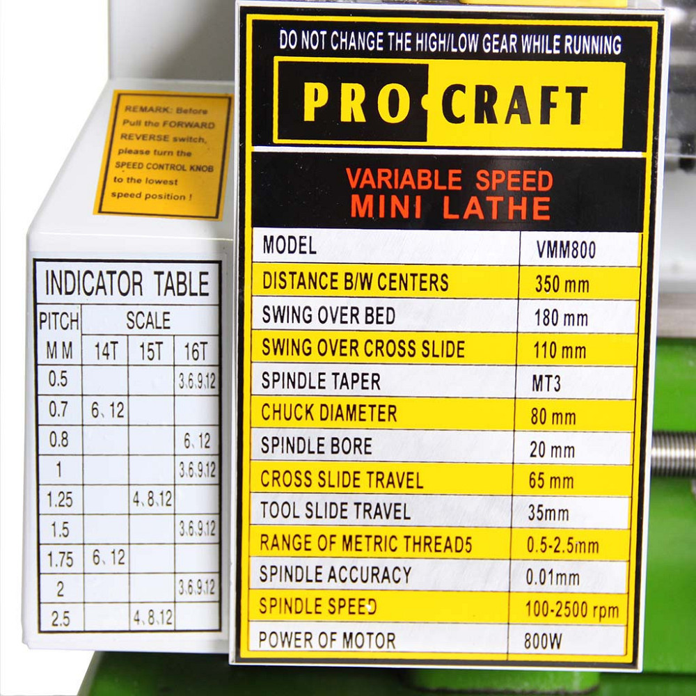 Токарний верстат Procraft VMM800 – 550 Вт, 100–2500 об/хв, для точного металевого токаріння Львів - фото 4