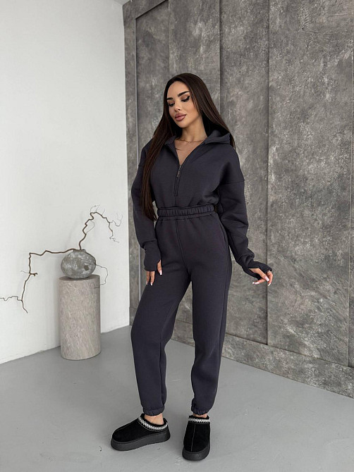 Женский теплый повседневный комбинезон с капюшоном трехнить на флисе Графит, 48/50 Одесса - изображение 8