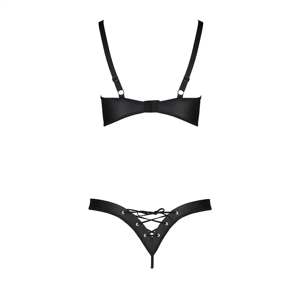 Комплект з екошкіри Passion CELINE BIKINI L/XL black, відкритий бра зі стрічками, стрінги Львів - фото 4
