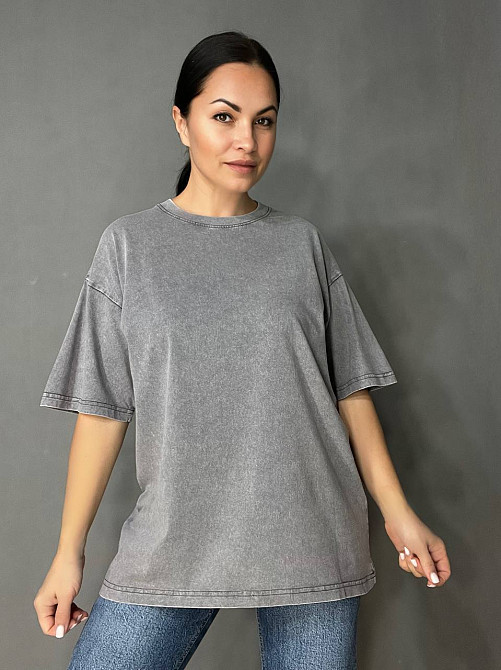 Футболка жіноча A-N 48020 базова оверсайз подовжена вільний крій варена тай дай one size, сірий, one size Київ - фото 1