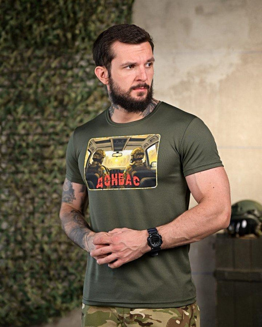 Тактична чоловіча потовідвідна футболка принт Донбас олива Одеса - фото 6