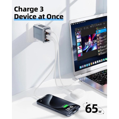 Зарядное устройство Acefast 3xUSB 65W (2xUSB-C+USB-A) Gan A45 Fast Charger Mountain mist (6974316282099) Винница - изображение 7