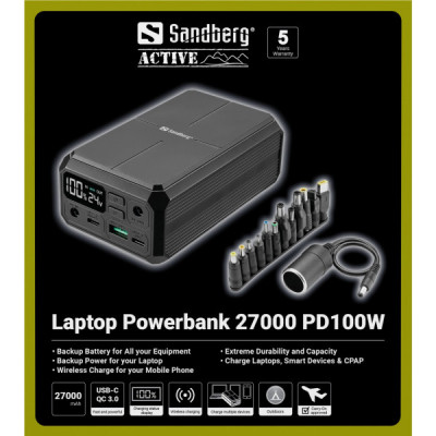 Батарея универсальная Sandberg 27000mAh Laptop DC1224v 84W, PD/100W, QC/3.0, QI/10W, PowerThrough (421-13) Винница - изображение 7