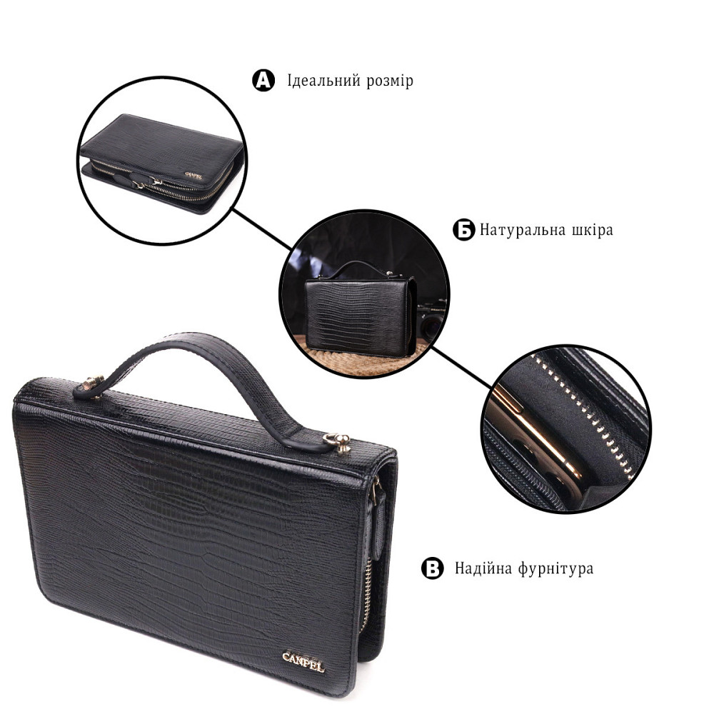 Необычная мужская барсетка на два отделения из натуральной фактурной кожи с тиснением под рептилию CANPELLINI 21571 Черная Киев - изображение 4