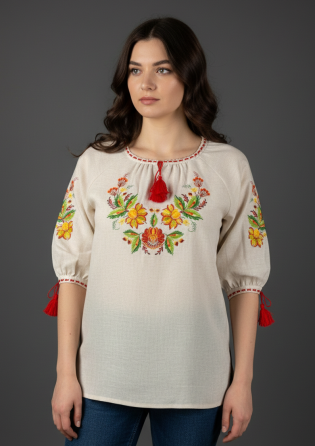 Лляна вишиванка з Петриківським розписом в насичених кольорах Київ