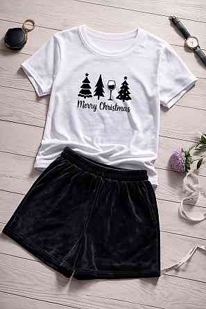 Жіночий домашній костюм-двійка з новорічним принтом турецький кулір бавовна + преміальний велюр Чорний, 42/44 Одеса