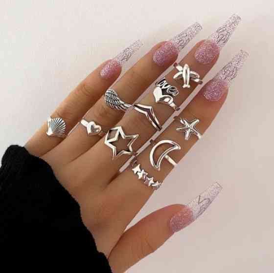 Набор колец на все пальцы женских 10 штук серебристый Киев