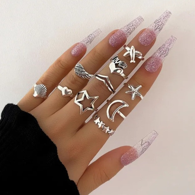 Набор колец на все пальцы женских 10 штук серебристый Киев - изображение 1