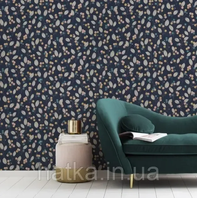 Шпалери вінілові на флізеліні Rasch Clasik 0,53х10 квіти листя гілки яскраві на синьому Київ - фото 1