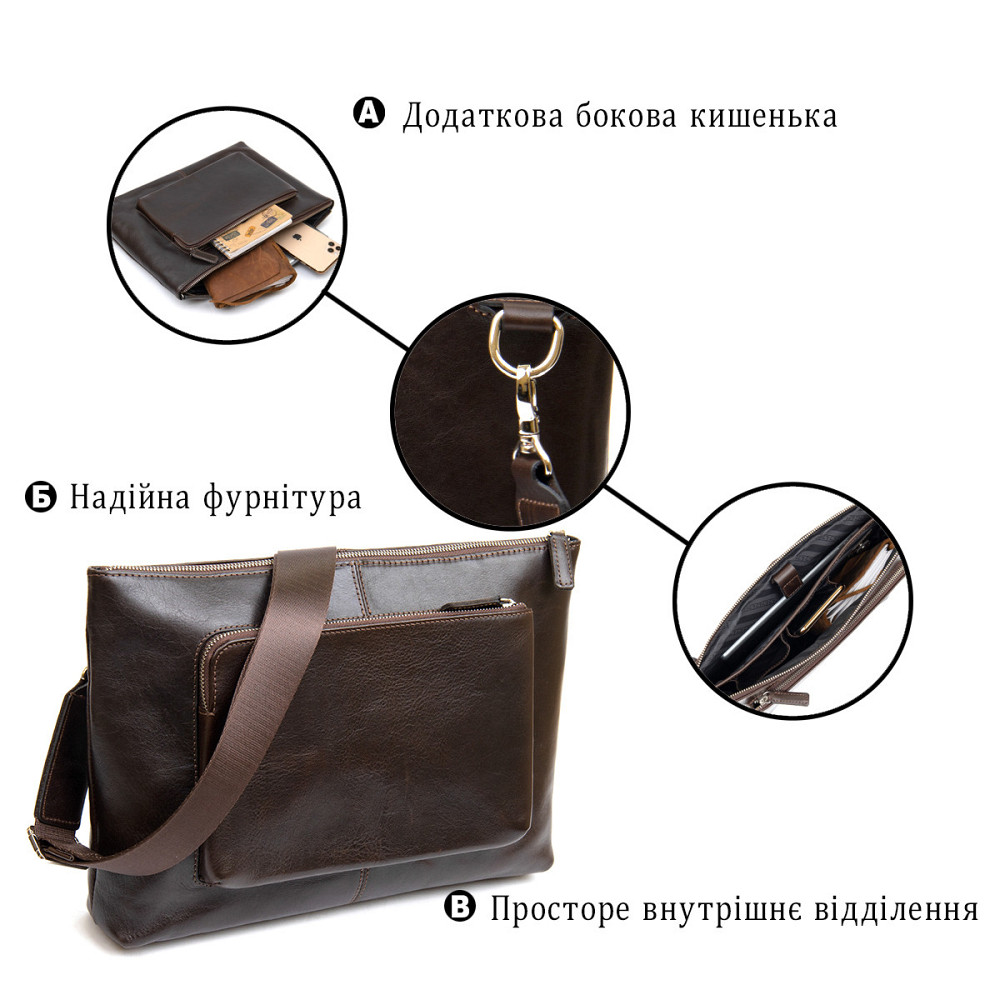 Шкіряна чоловіча прямокутна сумка для ноутбука GRANDE PELLE 11438 Коричневий Київ - фото 4