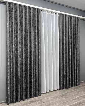 Комплект штор VR-Textil Льон Мармур 150х270 2шт і Тюль 400х270 1267ш-115т Сіро-коричневий з білим 71-141/3 Київ