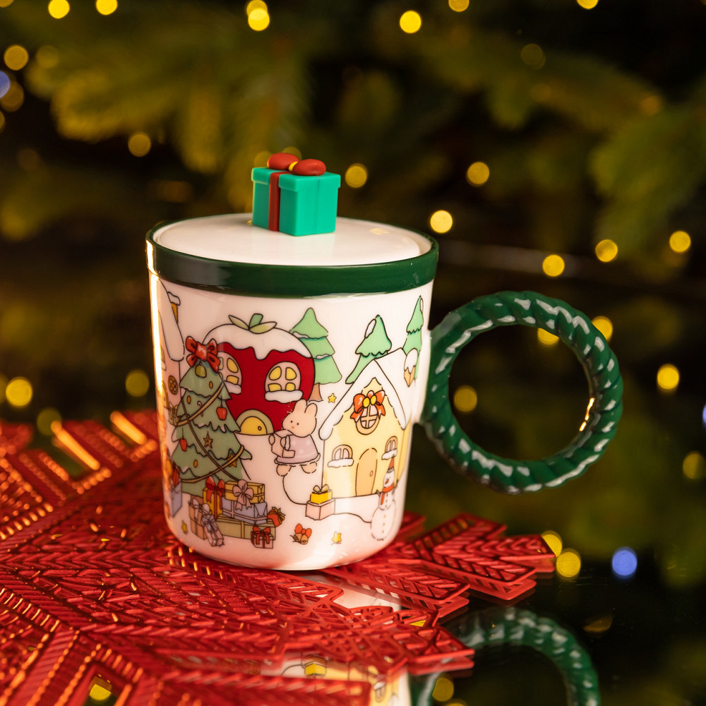 Чашка фарфоровая с крышкой Подарок 400 (мл) Зеленый Yiwu FM-CS-36C SBR Киев - изображение 1