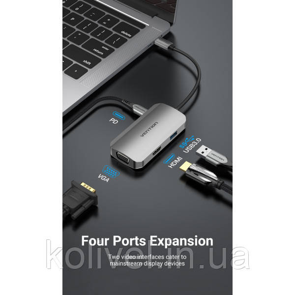 Док-станція USB3.1 Type-C --> HDMI/VGA/USB 3.0/PD 100W Hub 4-in-1 Vention (TOAHB) Київ - фото 4