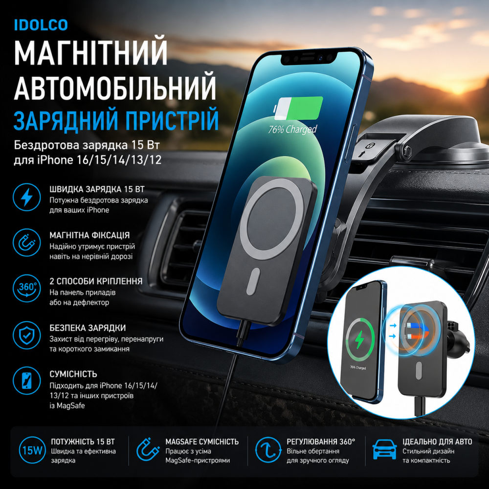 Бездротовий магнітний автомобільний зарядний пристрій IDOLCO 15 Вт для iPhone 16/15/14/13/12 з кріпленням на панель або дефлектор Київ - фото 8
