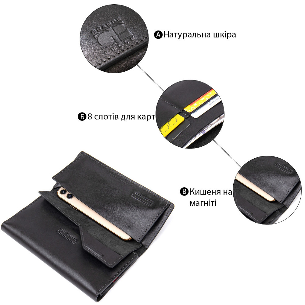 Кожаное глянцевое портмоне GRANDE PELLE 11471 Черный Киев - изображение 8