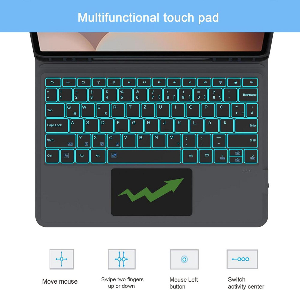 Клавіатура чохол Galaxy Tab S10+/S9+/S9 FE+ 12.4 чорний RGB підсвітка QWERTZ трекпад Bluetooth з тримачем для S Pen захисний кейс Київ - фото 4