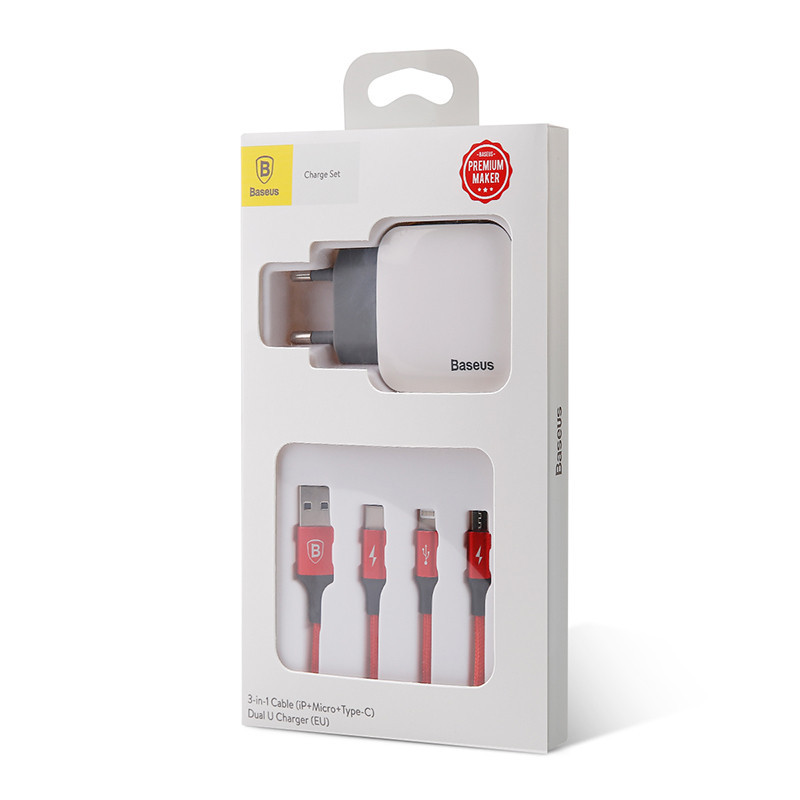 Кабель с зарядным BASEUS Dual Charger + 3in1 Cable 1.2M красный TZCL-D92 Киев - изображение 1