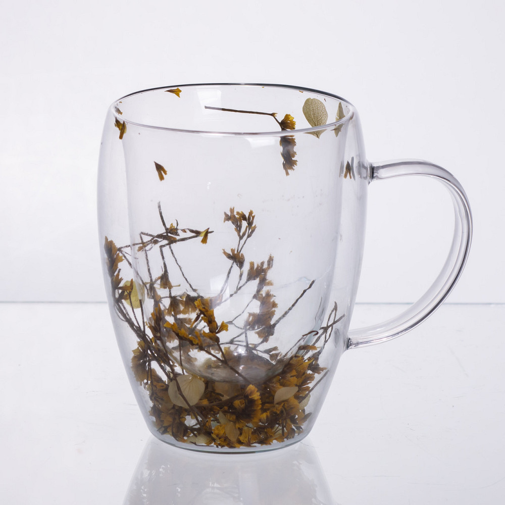 Чашка скляна з подвійними стінками, склянка з термостійкого скла з декором жовтих сухоцвітів 350 мл 64486-43 Коломия - фото 1