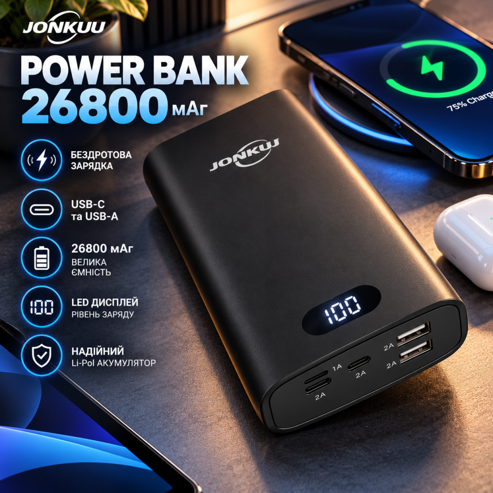 Power Bank Jonkuu 26800 мАг з бездротовою зарядкою, USB-C, USB-A, Li-Pol, для смартфона і планшета, Black Київ - фото 7
