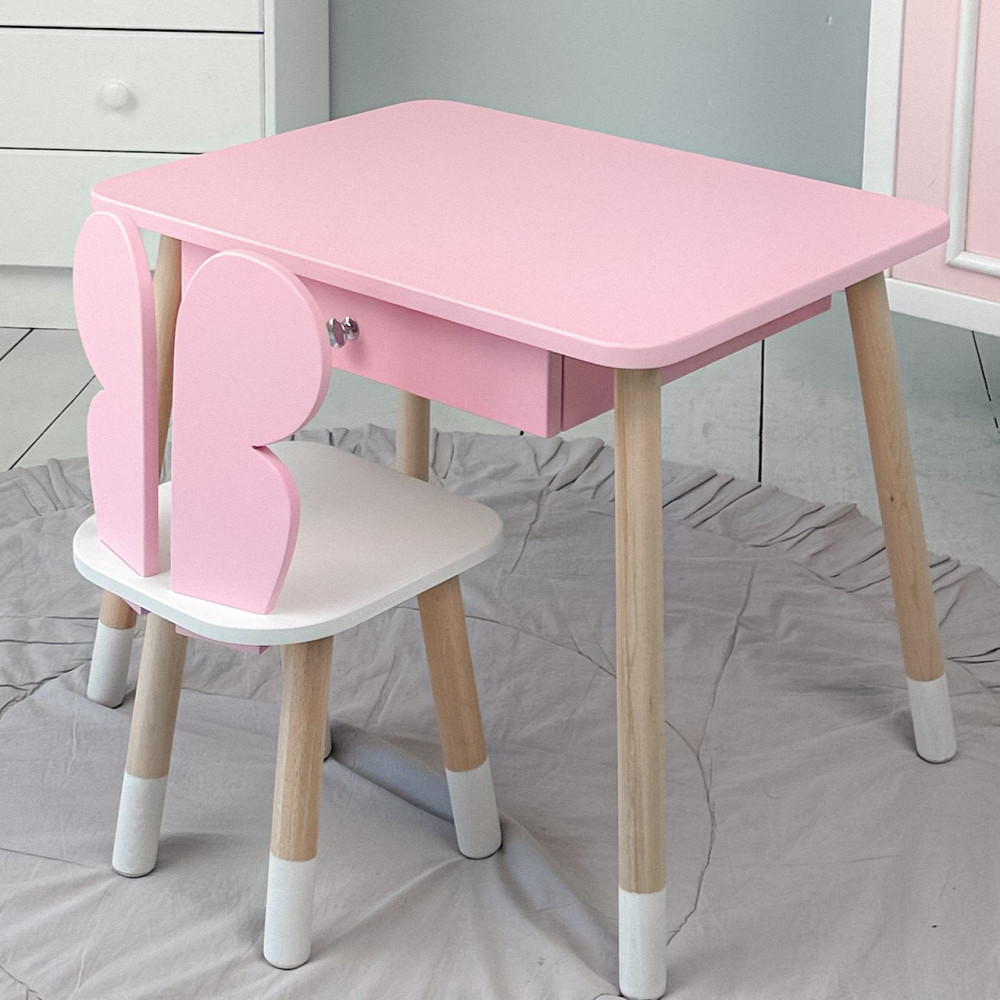 Стіл прямокутний з ящиком для речей 46х60х45 і стілець метелик 26х26х24, столик та стільчик в дитячу, рожевий з білим Кам'янське - фото 1