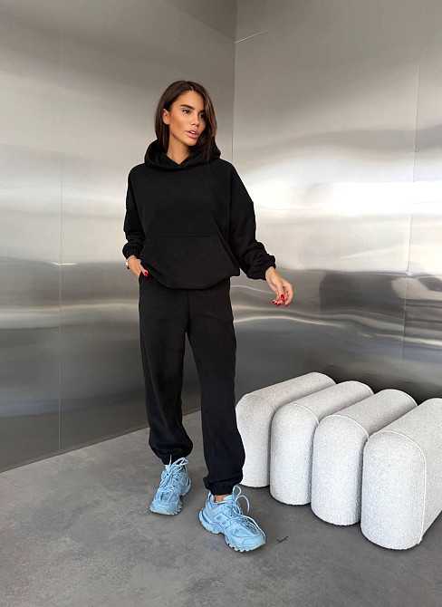 Жіночий теплий прогулянковий костюм: худі та штани двосторонній фліс Чорний, 46/48 Одеса - фото 17