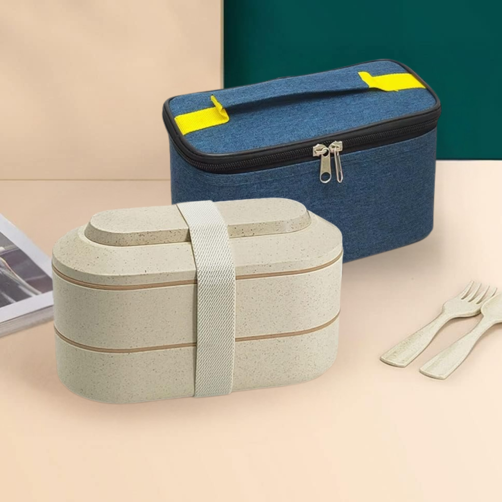 Контейнер, ланч-бокс для гарячої та холодної їжі з термосумкою, двоярусний для обіду зі столовими приборами, 900 мл, бежевий Кам'янець-Подільський - фото 5