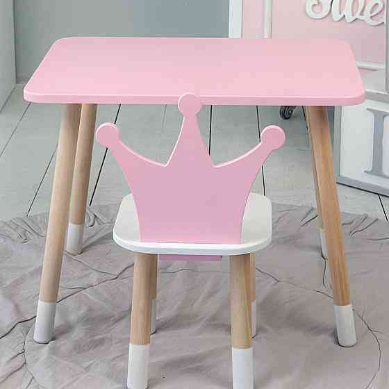 Стіл прямокутний 46х60х45 і стілець корона 26х26х24, столик та стільчик для дівчинки до 7 років, рожевий білим Київ