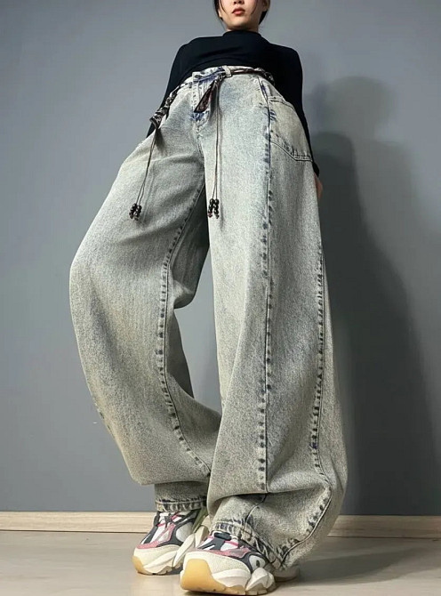 Джинсы женские Ijjass 6059 baggy супер широкие оверсайз с поясом винтажные голубые, голубой, 30, 30, 81 см Киев - изображение 19