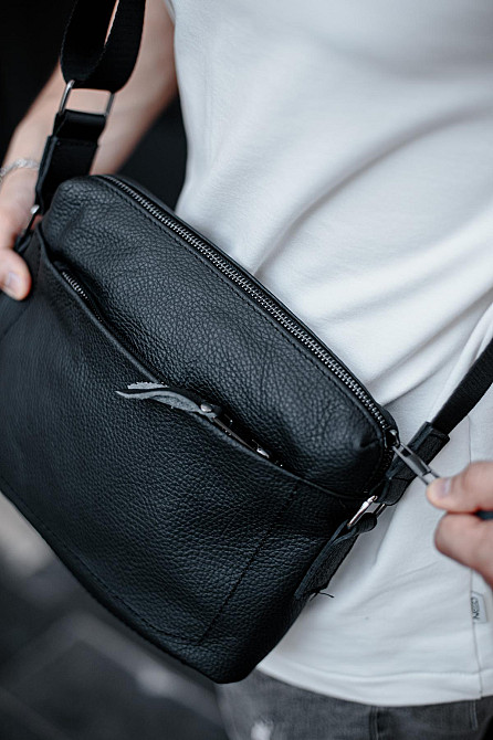 Сумка-мессенджер из натуральной кожи, сумка через плечо мужская SKILL Slide (Черная) Сумы - изображение 3