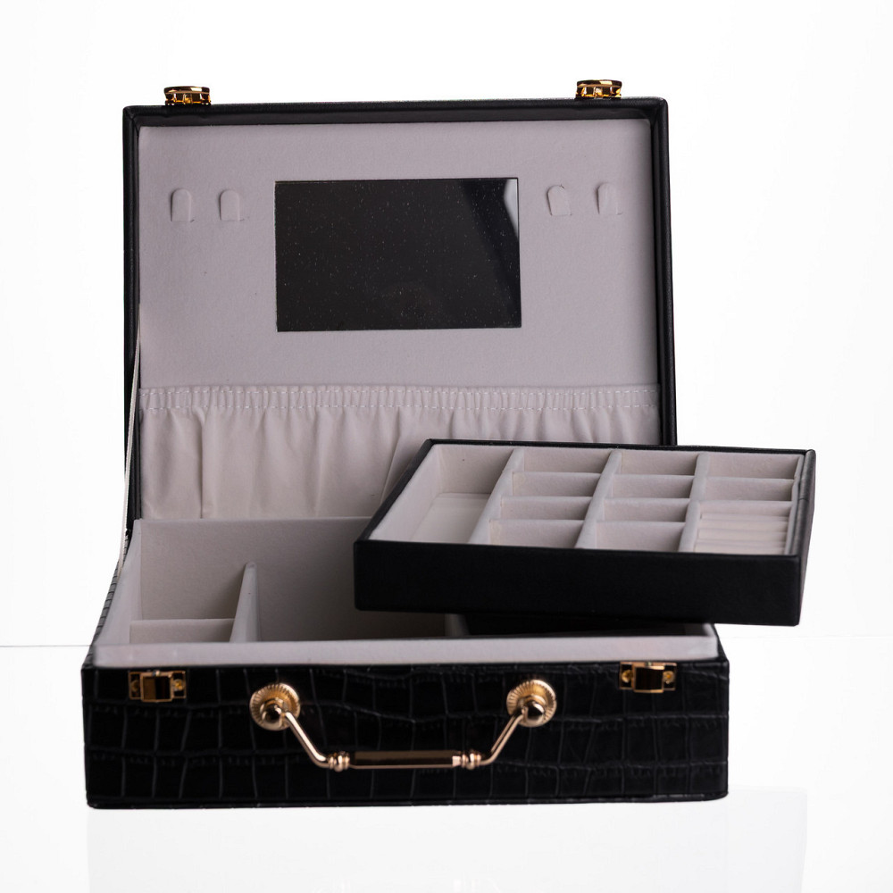 Скринька для прикрас з еко шкіри 19 відділень з дзеркалом 23.5×14×8 см Чорний HP-5-20B Київ - фото 4