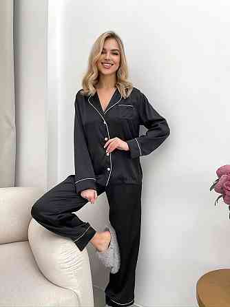 Женская стильная пижама двойка: рубашка и брюки из шелка Армани. Черный, 44/46 Одесса
