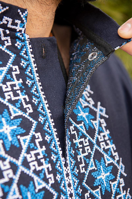 Вышиванка мужская с длинным рукавом, льняная, темно-синяя натуральный лен, вышиванки мужские Киев - изображение 2