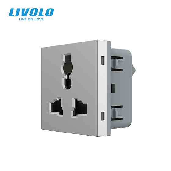 LIVOLO Універсальна розетка LIVOLO 12-в-1, з заземленням і шторками, сіра, 16А 250В, модуль (VL Київ