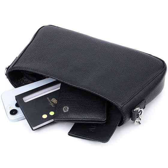 Жіноча сумка багет з ланцюжком і ремінцем що знімається з зернистої натуральної шкіри Чорна (SHVIGEL) Київ