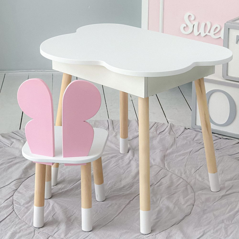 Столик хмаринка з нішею 54х68х50 і стільчик метелик 26х26х24, стіл та стілець в дитячу, білий з рожевим Кам'янське - фото 14