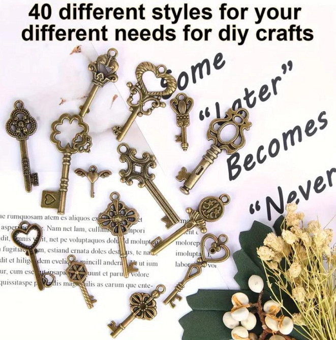 Набір для створення прикрас із літаючими ключами — 40 крил, 40 вінтажних ключів, еластична нитка | д Київ - фото 6