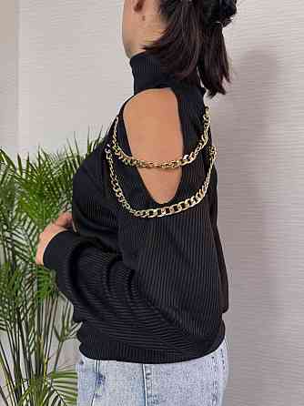 Стильний жіночий під горло светр із ланцюжком щільна ангора рубчик на фліс Чорний, 48/50 Одеса