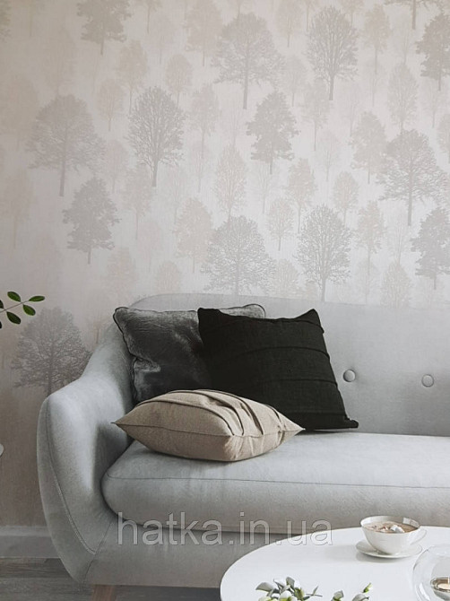 Шпалери вінілові на флізелін Marburg 82214 Giulia дерева сірі коричневі на бежевим з сріблом 3д Київ - фото 2