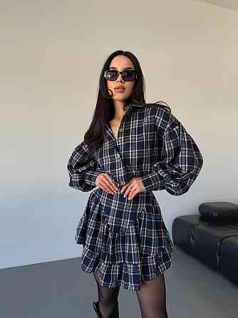 Жіночий стильний костюм-двійка: сорочка та спідниця в карту тіар Темно-синій, 46/48 Одеса