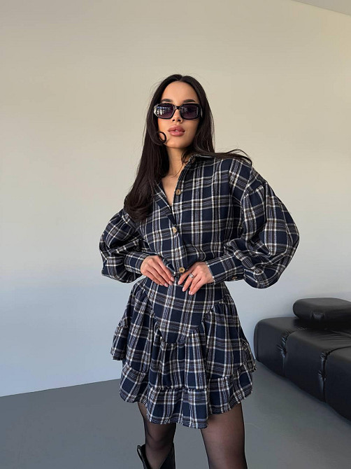 Жіночий стильний костюм-двійка: сорочка та спідниця в карту тіар Темно-синій, 46/48 Одеса - фото 1