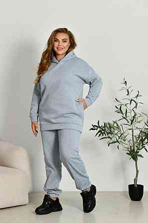 Жіночий прогулянковий костюм: худі та штани батал у спортивному стилі тринитка на флісі Сірий, 64/66 Одеса