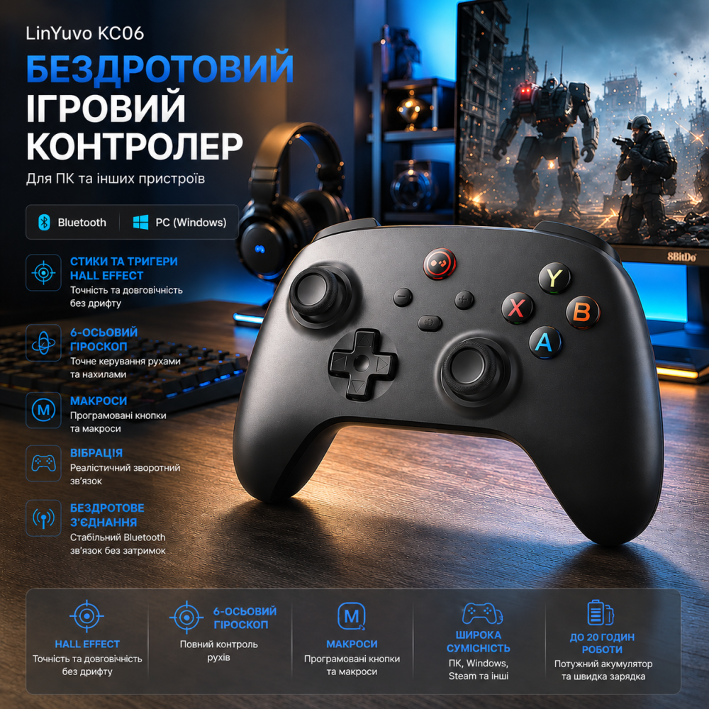 Бездротовий ігровий контролер LinYuvo KC06 для ПК, Bluetooth, стіки та тригери Hall Effect, 6-осьовий гіроскоп, макроси, Black Київ - фото 11