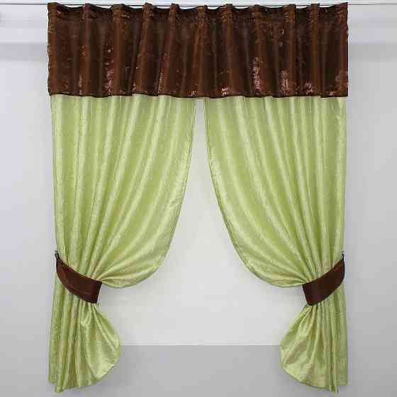 Кухонные шторы VR-Textil № 073к с ламбрекеном и подхватами салатовый с коричневым 275х170 см (52-0054) Киев
