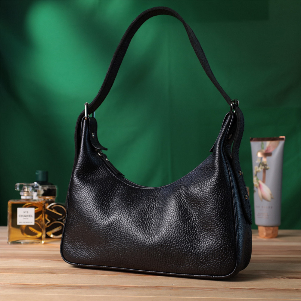 Сумка багет з регульованим ременем із зернистої натуральної шкіри Shvigel 22833 Чорна Київ - фото 10